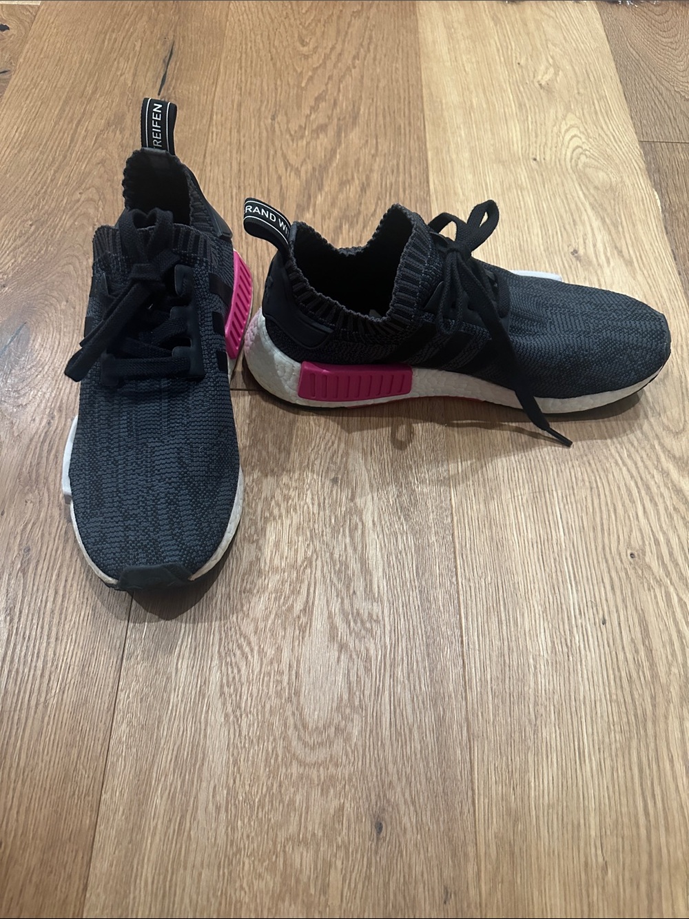 Mens Adidas Black Knit Athletic Sneakers with Pink Accents